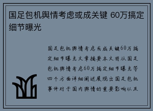 国足包机舆情考虑或成关键 60万搞定细节曝光